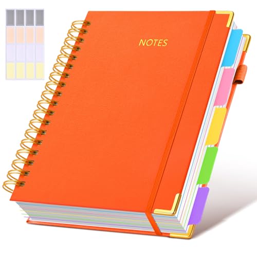Hardcover Spiral Notebook Journal with Removable Dividers Tabs, 300 Pages Leather 5 Subject Notebook College Ruled, 8