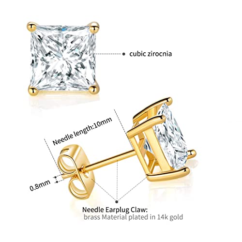 5 Pairs 14K Yellow Gold Plated Princess Cut Clear Cubic Zirconia Stud Earring Set #TOP3