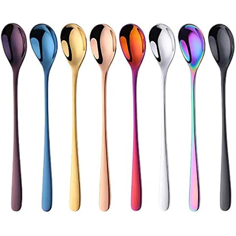BISDARUN Latte Spoons Long Handle 8 Pieces Colorful Stainless Ice Tea Spoons 20.5 cm/8 Inches Dessert Ice Cream Spoons for Sundae Coffee 18/8 Heavy Steel Cover