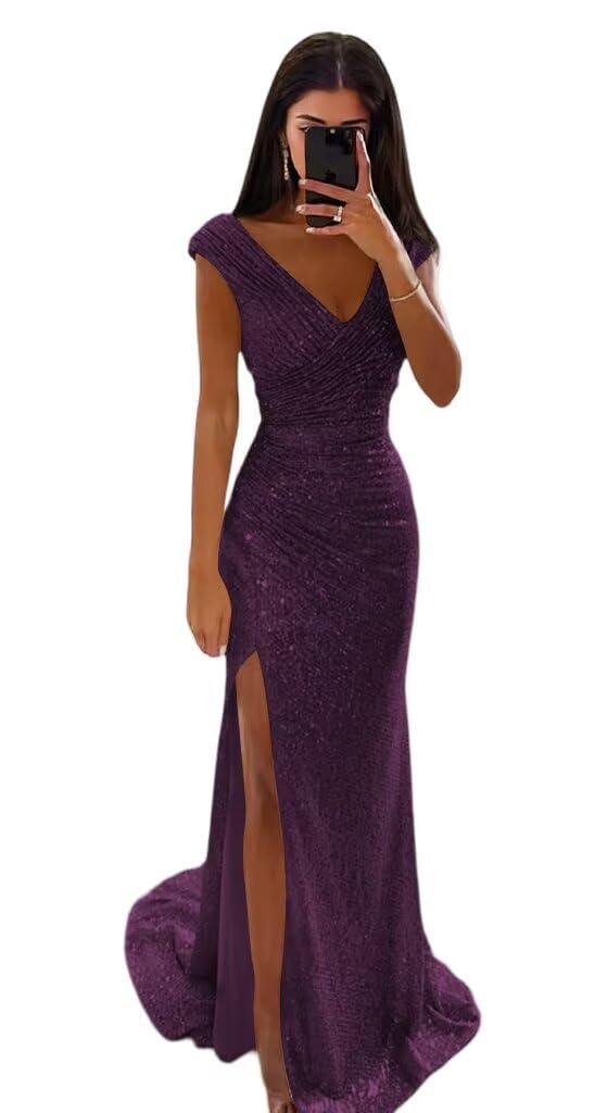 Sequin Mermaid Long Prom Dresses 2026 for Teens Sparkly V Neck Ruched Formal Evening Gown with Slit WA044