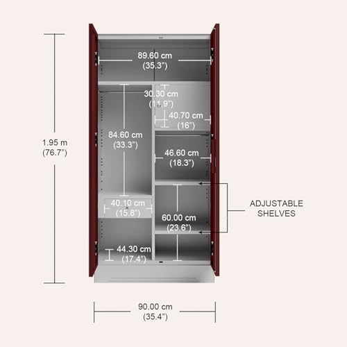 Image of Interio by Godrej Almirah Slimline 2-Door Steel Almirah, Cupboard for Clothes (Russet), 1-Year Warranty, 4 Shelves, 1 Drawer, 1 Locker, Star Design Mirror