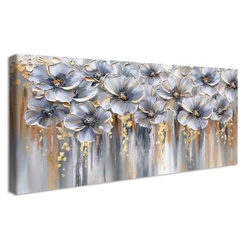 Marco de Madera Grandes Cuadros Decoracion Salon Modernos Lienzo Decorativo Floral Abstracto Pintura Imagen Flores Gris Dorado Cuadros Decorativos Salon Dormitorio Comedor Pasillo Hotel 50x120cm