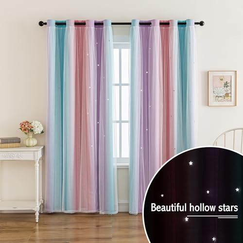 Image of indistar Colourful Stripe Star Cut-Out Blackout Curtains for Bedroom,2 Layers Mix Design of Fabric & Tulle,Pretty Window Curtain for Kids Room 1 Panel (W52 x L63 Purple Pink Green)