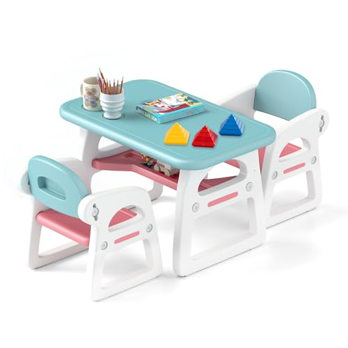 Image of HONEY JOY Kids Table and Chair Set, Plastic Children Activity Table and 2 Chairs w/Building Blocks, Storage, for Art Craft, Toddler Table and Chair Set for Daycare Playroom, Gift for Boys Girls (Blue)
