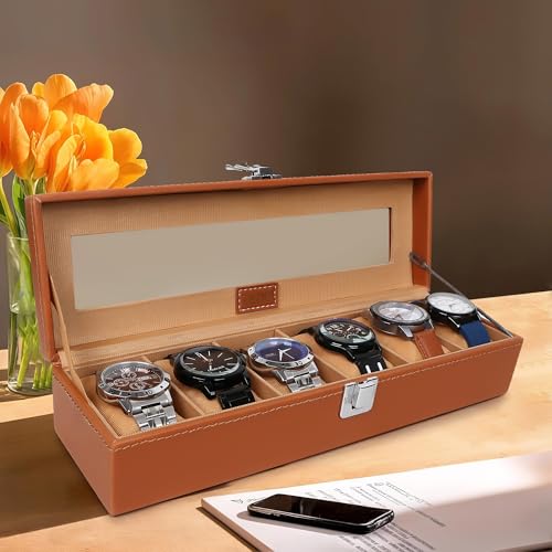 Image of LEDO Watch Box Organizer, 6 Slot Storage Case with Clear Transparent Top, Tan PU Leather with Cream Velvet Interior, Metal Clip Lock, Rectangular