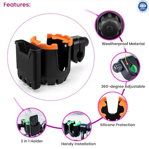 Image of Safe-O-Kid Stroller Cup Holder with Phone Organizer /Holder, Universal Cup Holder for Bottle with Handle, 360 Degrees Rotation Bottle Holder for Stroller, Pushchair, Wheelchair, Walker -Orange