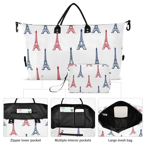 Travel Gym Bag, Eiffel Tower Pattern Weekender Overnight Duffle for Women with Toiletry Bag Travel Swim2