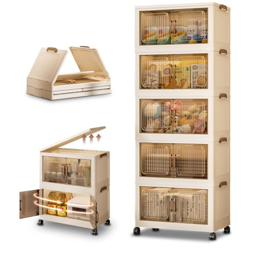 Cestbella Stackable Storage Bins with Lids 5 Tier Storage Cabinet with Wheels Dual Opening Storage Box Collapsible Closet Organizer Foldable Clothes Snacks Toys Book Container Case 42x26x108cm