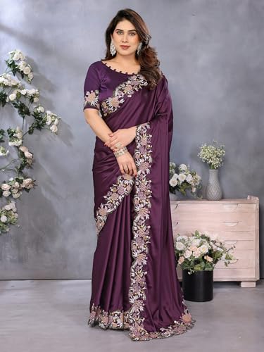 Image of Pandadi Saree Women's Satin Embroidery Work Saree With Unstitched Blouse Piece