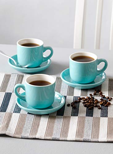 Teocera Porcelain Cappuccino Cups with Saucers - 6 Ounce for Coffee Drinks, Latte, Cafe Mocha and Tea - Set of 6, Turquoise - Thumbnail 5