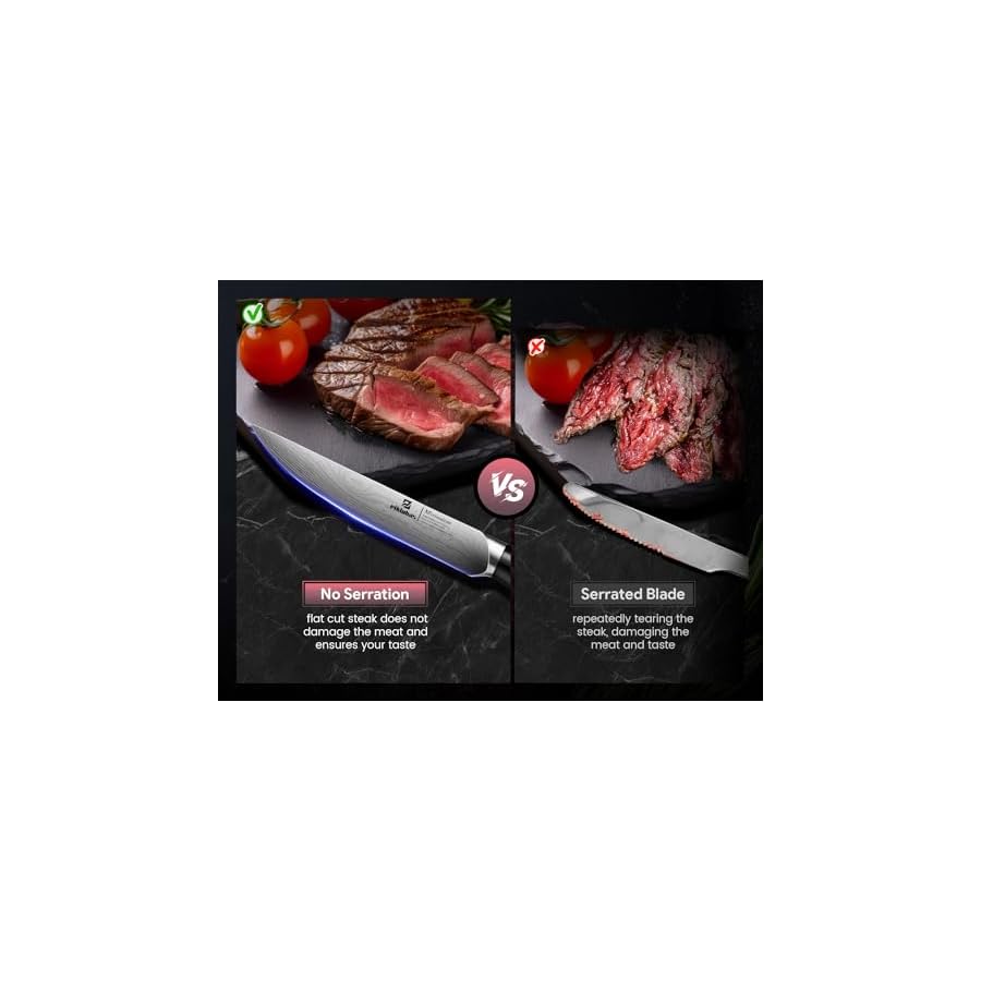 Piklohas Steak Knives Set of 6, 4.5 Inch Non Serrated Dinner Knife, Forged German Steel Damascus Pattern Straight Edge Meat Knife with Full Tang Handle, Dishwasher Safe, Ideal for Gift