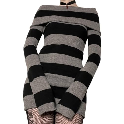 Pokn Off The Shoulder Long Sleeve Top - Y2K Goth Striped Sweater3