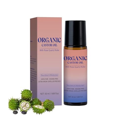 Castor Oil Organic with Rose Quartz Roller, Organic Castor Oil Roll On Face, Bio Rizinusöl Kaltgepresst, Tiefenhydration & Glättung für Alle Hauttypen (1)