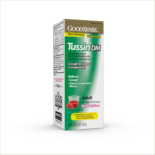 GoodSense Tussin Cough Syrup DM Raspberry Flavor Effective Relief for Cough and Chest Congestion Thins Mucus 8 Fl Oz