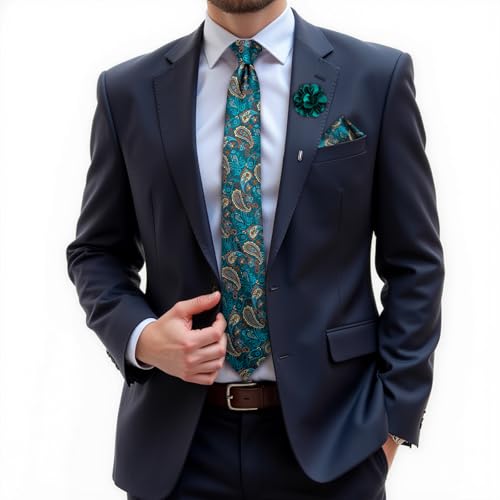 Image of DiBanGu Silk Ties for Men Necktie and Lapel Pin Brooch Set Formal Woven Paisley Plaid Striped Solid Tie Wedding Party