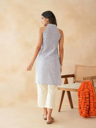 Image of GOODHAND Chic Cotton Halter Kurti with Timeless Block printsPerfect for Casual outings or Festive Flair-Where Traditional Charm Meets Modern Silhouette