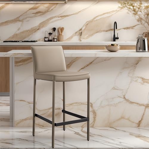 YOUNIKE Bar Stool Upholstered Premium PU Leather Counter Height Barstool, Assembled Metal Leg Bar Chair with Back, Breakfast Kitchen Stool, Khaki