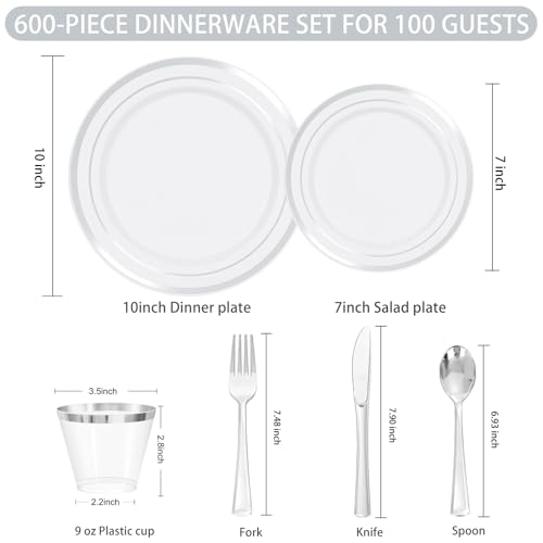 WELLIFE 600 PCS Silver Disposable Dinnerware Set for 100 Guests, Wedding Plates Silver Plastic Plates for Party, 100 Each-Dinner & Salad Plates, Cups, Forks Knives Spoons for Wedding and Anniversary