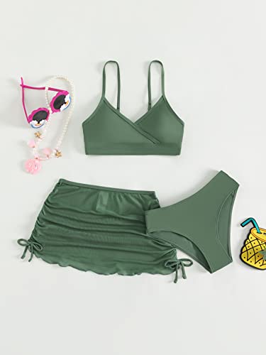 Verdusa Girl's 3 Piece Bikini Swimsuits Bathing Suit With Cover Up Beach Skirt Olive Green 11-12Y #TOP4