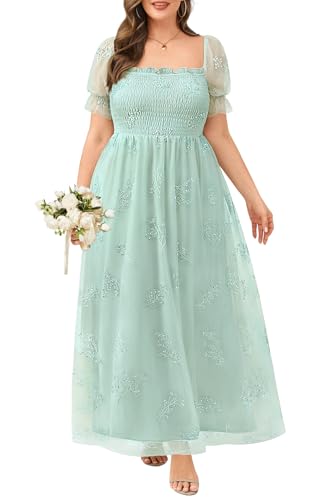 Plus Size Bridesmaid Dress Green Tulle Puff Sleeve...