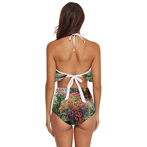 C COABALLA Women's Swimsuit Two Piece Off Shoulder Flounce Ladies Swimwear English Country Garden Flower Wheelbarrow Flower,XL