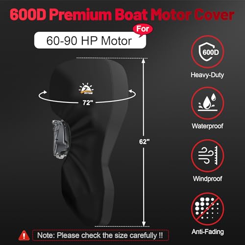 Zettum Outboard Motor Cover - 600D Full Boat Motor Cover Waterproof & Heavy Duty, Fade-Resistant Boat Engine Cover, Fit for Motor 60-90 HP, Black - Thumbnail 2