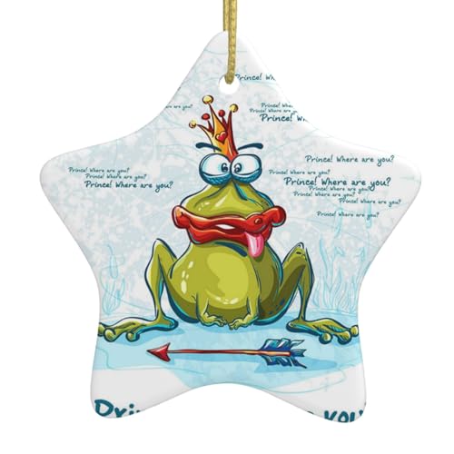 Image of Star Shaped White Ceramic Hanging Christmas Tree Decoration Bauble Smiling Frog Prince Xmas Ornament For Festive Party New Year