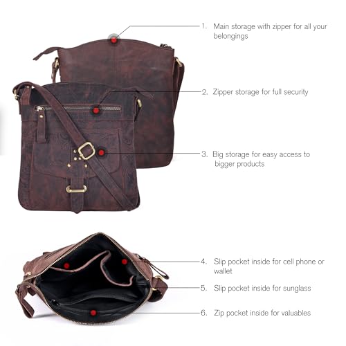Oak Leathers Leather Crossbody Bag For Women With Adjustable Sling Strap - Medium Size Crossover Shoulder Handbag Purse (Brown1) by Oak Leathers - Image 3