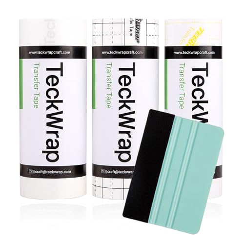 Image of TECKWRAP Transfer Tape for Vinyl 6" x 60 FT Application Transfer Paper with 3 Roll Clear Tranafer Tape, Black Alignment Grid Tranafer Tape, Yellow Alignment Grid Tranafer Film and Scrape