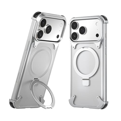 Coque métallique iPhone 17 Pro Max avec bumper aluminium gris et support intégré