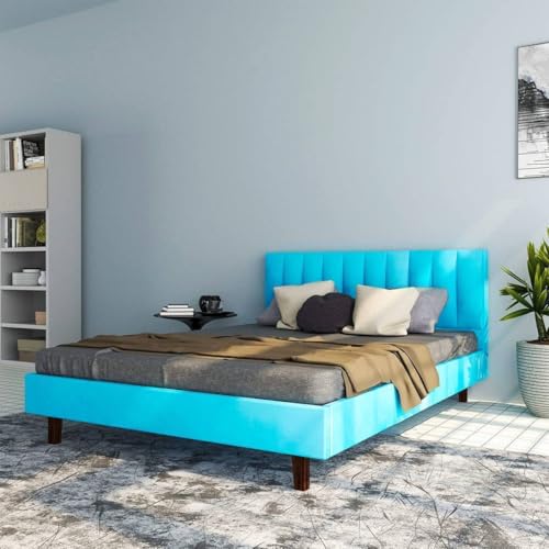Image of Wooden Modern Upholstered Queen Size Bed for Bedroom | Wooden Double Bed Without Storage | Platform Cot Upholstered Bed with Upholstery Fabric | Engineered Wood | 6.5 x 5 Ft | Velvet Blue