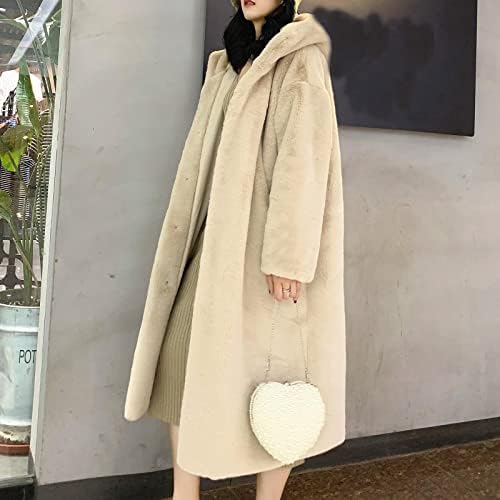 L9WEI Winterjas voor dames, beige, effen, maxi-jas, imitatiebont, lange mouwen, los, capuchon, ritssluiting, standaardlengte, machinewasbaar