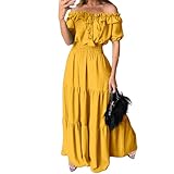 Summer Maxi Dresses for Women 2025 Off Shoulder Ruffle Dress Formal Office Dresses Smocked Waist Puff Sleeve Casual Yellow