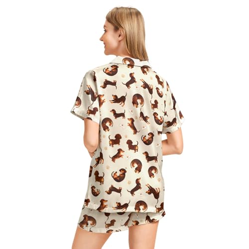 Image of Funny Pajamas for Women Set Print Satin Loungewear Pjs Short Sleeve Button Down Top and Shorts Sets Sleepwear XS-3XL