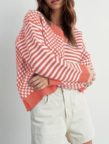 Image of UNCLECAT Womens Striped Checkered Sweater V Neck Fall Trendy Pullover Tops | Long Sleeve, Winter Clothes, Soft Jumpers, Business Casual Outfits, Cute, Fashion, Knitted Sweaters