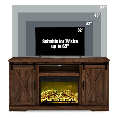 AMERLIFE Fireplace TV Stand with Sliding Barn Door for TVs up to 65", Farmhouse 59" Fireplace Entertainment Center with Storage Cabinets/Adjustable Shelves, Dark Walnut
