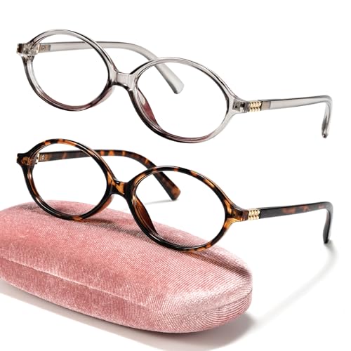 Image of Slocyclub 2 pack Oval Blue Light Blocking Glasses with Eyeglass Case | Vintage oval frame for women, Filters harmful blue light, reduces eye strain, Vintage oval frame, Lightweight for daily wear
