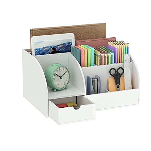 AITEE Acrylic Desk Organizer, White Desk Organizer and Storage for Office Supplies, 8 Compartments +1 Mini Sliding Drawer.