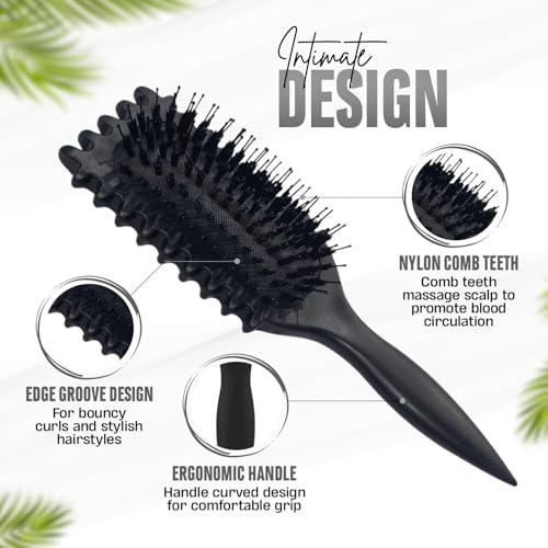 Image of Combelle 5-in-1 Curl Hair Brush, Vegan Boar Bristles, Bio-Baked PLA Handle, Detangling and Frizz Control for Curly Hair (Black)