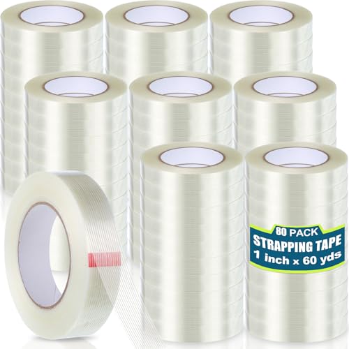 Image of Treela 80 Rolls 1 Inch x 60 Yards Filament Strapping Tape Transparent Reinforced Fiberglass 5.5 Mil Heavy Duty Packing Shipping Tape for Sealing Binding Fixing