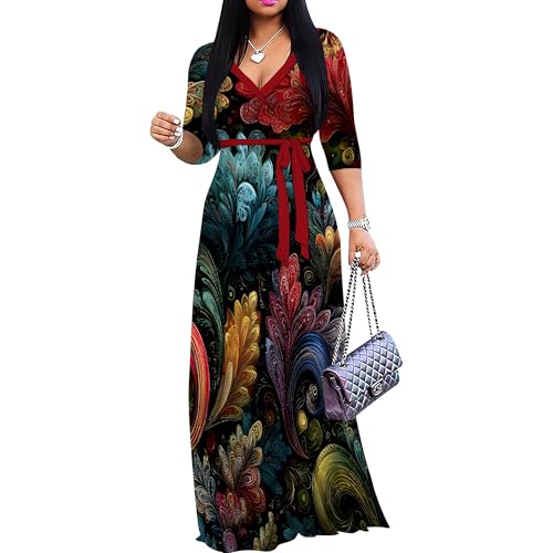 Image of PinkPatty Plus Size Maxi Dress for Women Casual V Neck 3 /4 Sleeve Boho Printed Long Dress with Pockets
