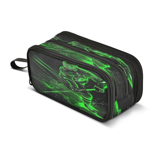 Image of Green Hockey Player Large Capacity Pencil Case Box Boys Girls Big Stationery Pen Bag Organizer Pencil Pouch Zipper Compartments for School Office