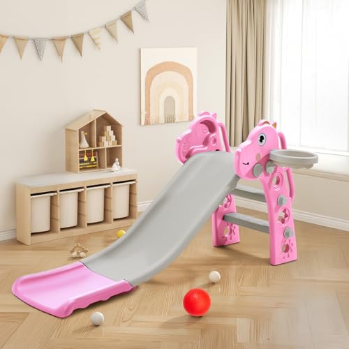 FUKEA Kids Slide Indoor,Freestanding Toddler Slide with Climbing Frame, Basketball Hoop, Basketball, Outdoor Garden Slides for Toddlers Age 1-6, Pink Kangaroo