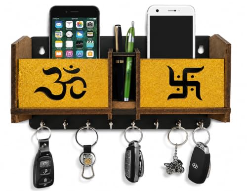 Image of Wooden Om Design TV Remote Mobile Stand Key and Pen Holder for Home, Office, Hall, Living Room Pocket Pen Special Designer Home Furnishing Two Box Wall Mounted Wall Keys Holder
