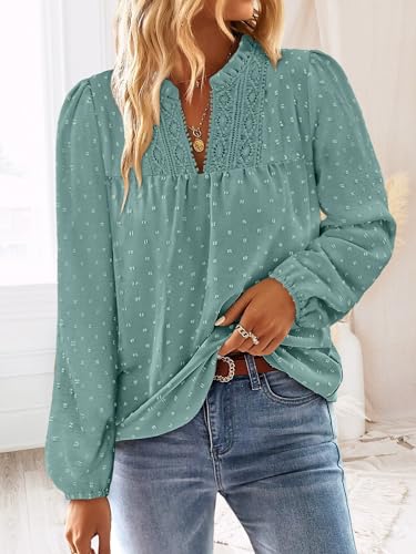 BETTE BOUTIK Women Boho Long Sleeve Shirts Dressy Casual V Neck Fall Fashion Tops Swiss Dot Flowy Blouses
