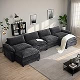 Karl home Sectional Sofa Modular Deep Seat Sofa Couch with Ottomans, Chenille Sofa Sleeper Comfy Upholstered Furniture for Living Room, Apartment, Studio, Office, (4-Seat & 2-Ottoman, Black)