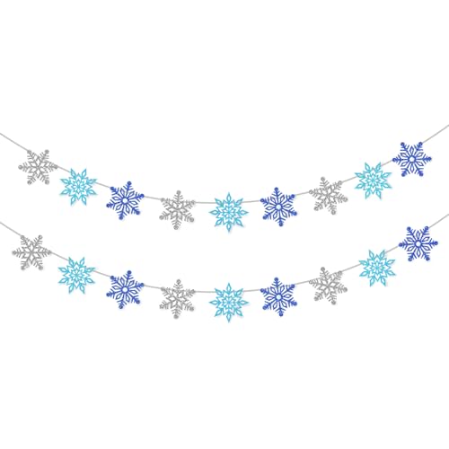 2 Pcs Glitter Snowflake Banner Snowflake Winter Party Decorations Snowflake Garland Christmas Party Decorations (Blue&Silver)