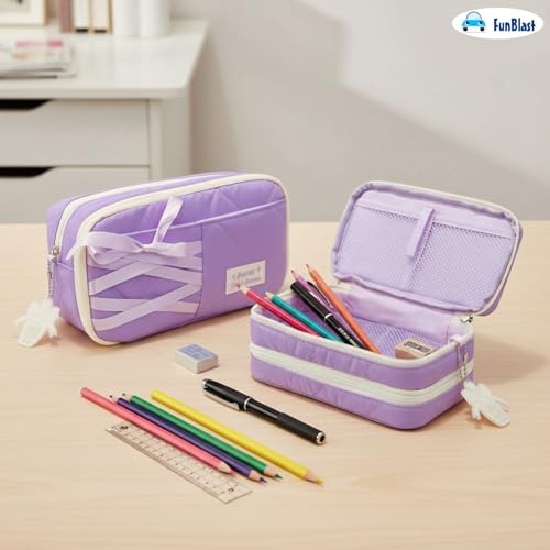 Image of FunBlast Pencil Pouch for Girls - Aesthetic Multi-Compartment Zipper Pouch with Drawstring Pocket, Cute Kawaii Pencil Case, Stylish Stationery Pouch, Return Gift for Kids & School Use (PurpleB)