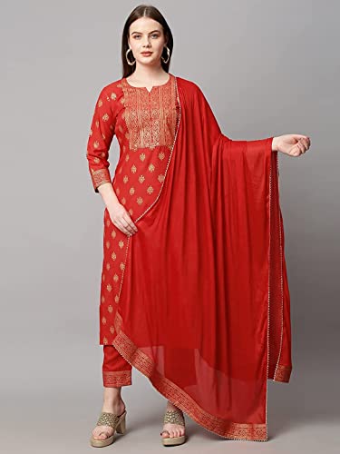 Image of GoSriKi Women's Cotton Blend Printed Straight Kurta with Pant & Dupatta