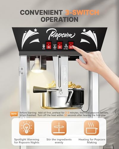 Image of 12 Oz Commercial Popcorn Machine, Movie Theater Popcorn Machine, Black Tabletop Pop corn Machine with 3-Switch Control & Steel Frame Tempered Glass Doors